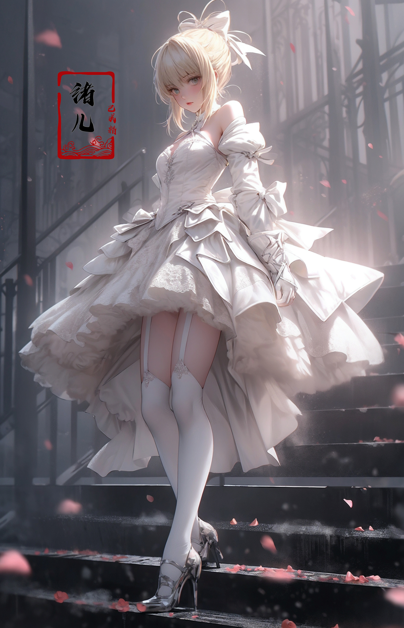 606247209521969544-3737284129-Saber，1girl, white garter belt，white dress，bow，platinum blonde hair，__lora_绪儿-Saber_0.8_.jpg